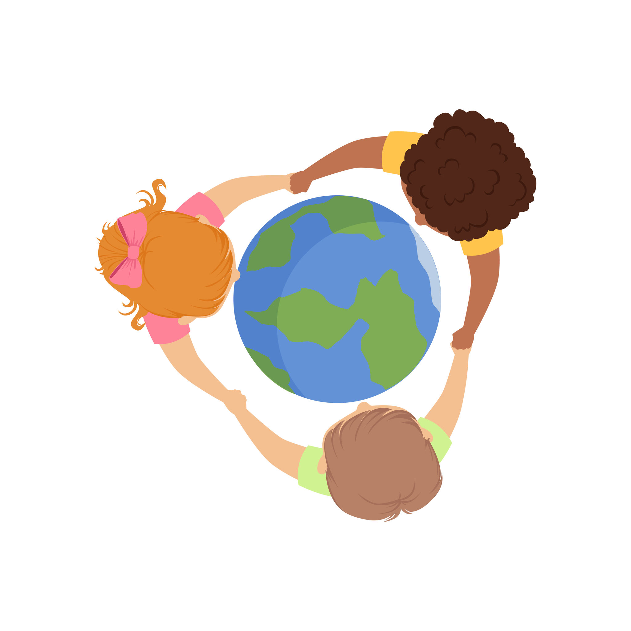 Image of three children of different races holding hands and forming  a circle around Earth